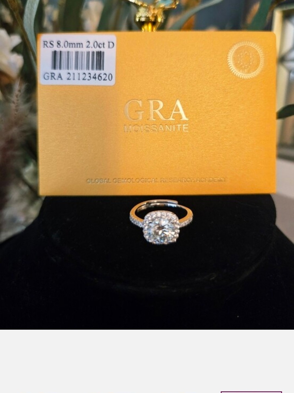 Moissanite 2 Carat Halo Adjustable  Ring GRA Certified - Picture 7 of 10
